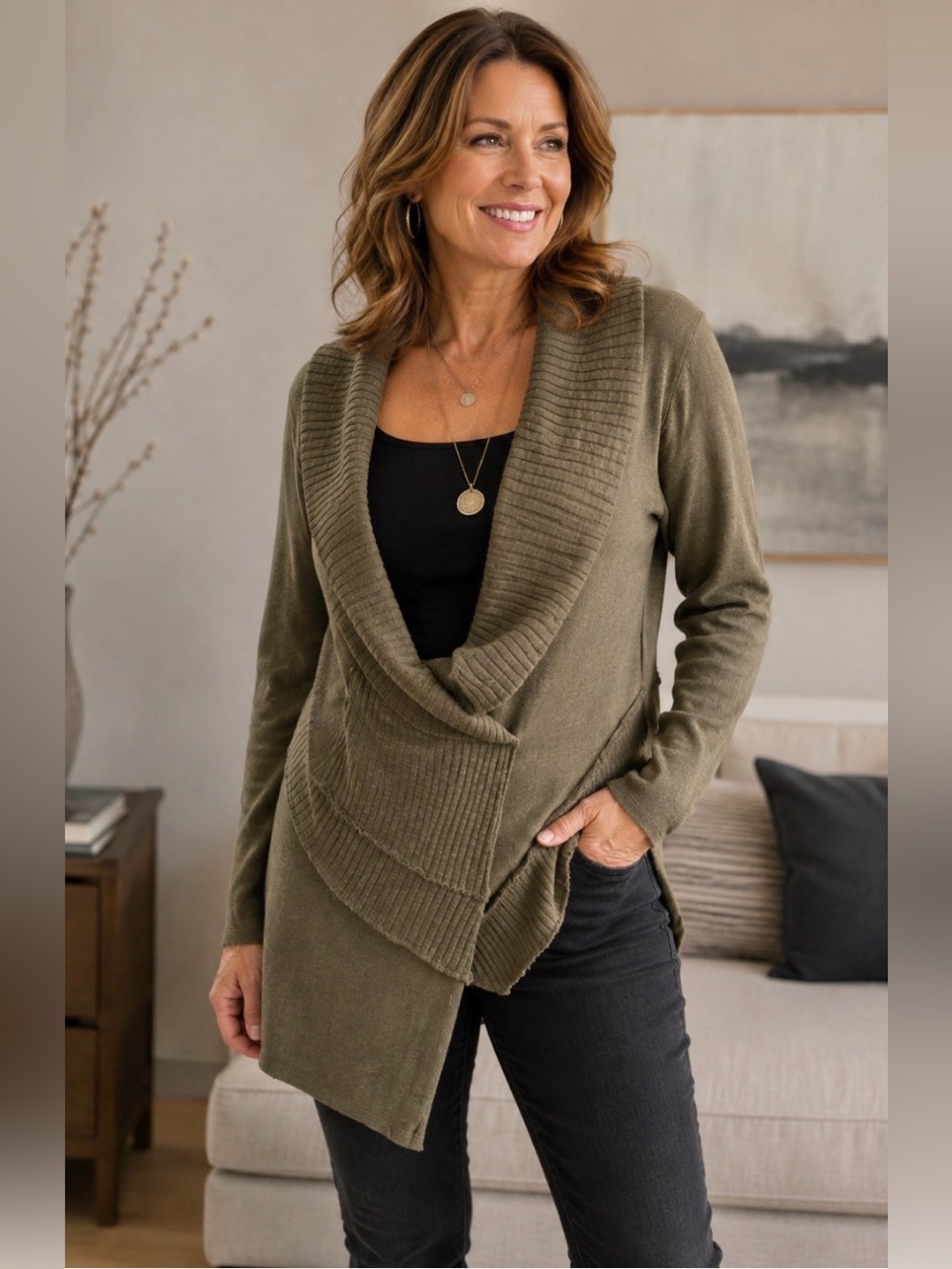 Chalet et Ceci Olive Green Boho Drape Wrap Cardigan Lagenlook Sweater Size L